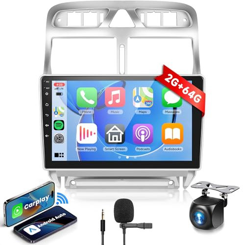 2G+64G Sans Fil Carplay Android 13 Autoradio 2 Din pour Peugeot 307/307CC/307SW 2002-2013 9 Pouces Autoradio avec Android Auto GPS Navi WiFi Mirror Link Bluetooth FM/RDS/EQ/DAB/OBD/SWC Caméra de Recul