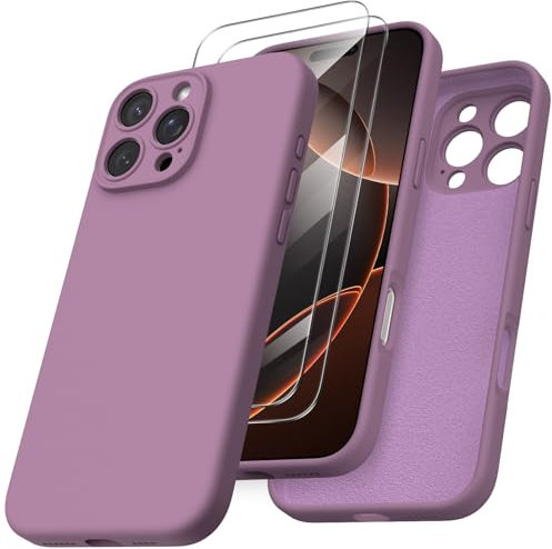 ORNARTO Cover per iPhone 16 Pro Max Silicone 6.9 Pollici, con 2 Pellicola Vetro Temperato, Morbido Silicone Liquido Protezione, Antiurto Sottile Protezione Custodia iPhone 16 Pro Max-Malva Cover