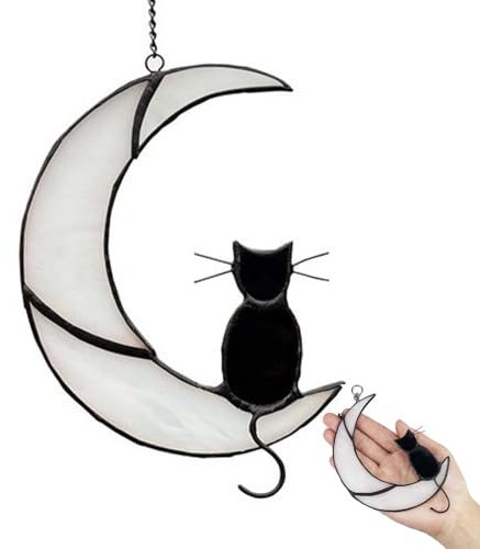 XoeLLe Schwarze Katzen Dekoration Auf Weißem Mond Halloween Deko Outdoor, Halloween Ornament Dekoration Gedenkgeschenk Katze, Hängende Sonnenfänger für Fenster Paneele