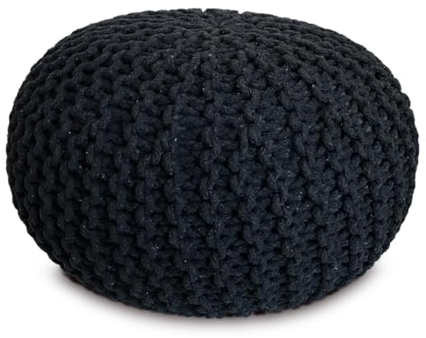Amago home Strickhocker Pouf Ø45 o. 55cm Bodenkissen Sitzpouf XXL Baumwolle nachhaltig Größe ø 55 cm, Farbe schwarz - anthrazit