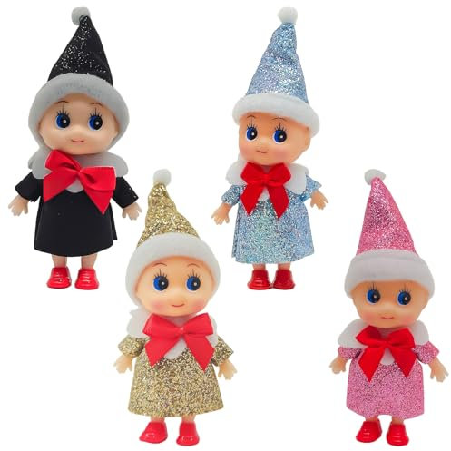 MORAINJAY 4er Set Weihnachts Mini Baby Elf Puppen, Weihnachts Ungezogene Baby Elfen, Kleine Elfen Figuren für Mädchen und Jungen, Weihnachtsstrumpf Füller, Kinder Neujahr Geschenke