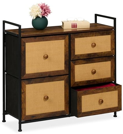 Relaxdays Kommode, 5 Schubladen, Rattanoptik, Flur, Schlafzimmer, HBT 77x85x31,5 cm, Highboard, Metall, braun/schwarz