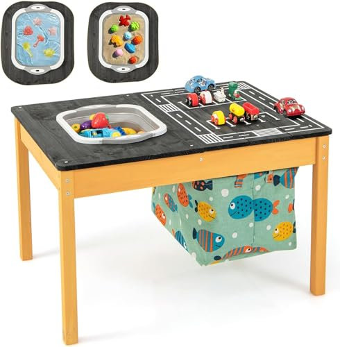 COSTWAY Sand and Water Table, Wooden Sensory Tables with Detachable Storage Bag, Foldable Bin, Multifunction Activity Game Table for Kids