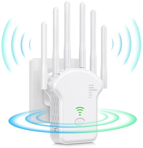 Repetidor WiFi,Amplificador señal WiFi Potente,6 Antenas,2 Puertos LAN,Cobertura Total de 360°,Modo repetidor/Router/Ap, Compatible con Todas Las Cajas de Internet,Fácil configuración (Blanco)