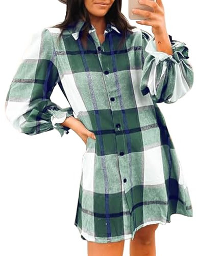 OUSIMEN Chemisier à manches longues boutonné pour femme - Tunique à carreaux - Chemises décontractées classiques - Manteau à revers, Vert, S