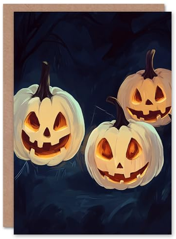 Wee Blue Coo Lit Carved Pumpkin Jack o Lanterns Trick or Treat Haunted Scary Halloween Card Blank For All
