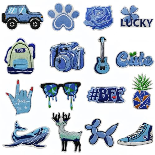 18 Stück Blue Ufnäher zum Aufbügeln Bügelflicken Kinder DIY Patch Sticker | Geeignet für Patches zum Aufbügeln Erwachsene Kleidung,Hosen Jacken,Taschen Löcher Flicken