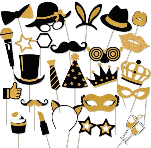 Foto Requisiten,24Stk Fotobox Accessoires,Schwarz Gold Party Deko,Erwachsene Kinder Photo Booth Props,Spaß Foto Requisiten Geburtstag für Weihnachten,Silvester Deko,Geburtstage,Hochzeiten PartyZubehör