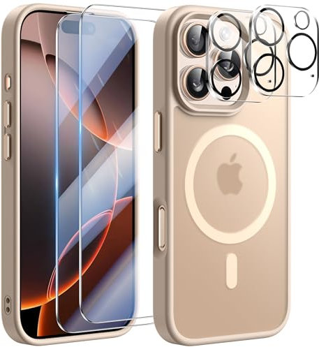 YisrLery 5-in-1 Kompatibel mit iPhone 16 Pro Hülle für Mag Safe mit 2 Stück Schutzfolie und 2 Stück Kameraschutz Militärnorm Schutz, PC Kratzresistente Magnetische Hülle 6.3- Titan Wüstensand
