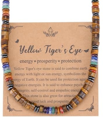 PiercingJak Tigerauge Halskette Herren Perlenkette 7 Chakra Steine Perlen Kette Männer Kristallkette Edelstein Heilsteine Surfer Schmuck Spirituelle Geschenke für Mann, 50.8cm