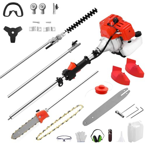 52cc 5 in 1 Pole Hedge Petrol Trimmer Cordless, Long Reach Multi Petrol Strimmer Garden Tool, Hedge Trimmer Extendable Telescopic, Pruner Chainsaw, 134cm Reach, Petrol Grass Trimmers 1500W