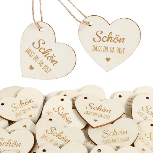 BOFUNX 30 Stücke Holz Geschenkanhänger Schön Dass Du Da Bist Holzanhänger Herz Holzscheiben Holzdeko Streudeko für Hochzeit Taufe Geburtstag Party