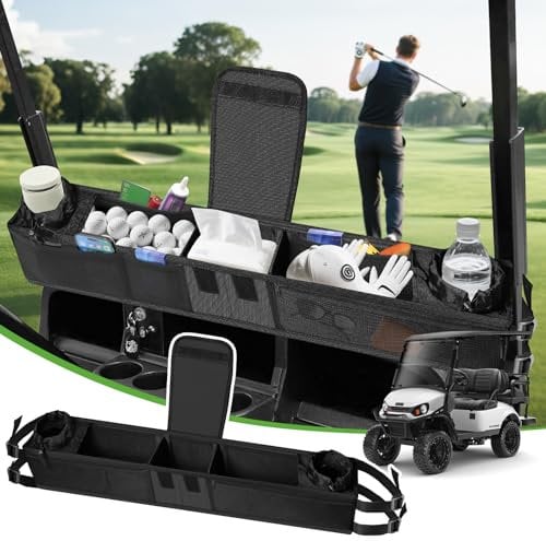 T TGBROS Golf Cart Front Storage Basket with Cup Holder, No-Drilling Storage Organizer for EZGO, Club Car, Yamaha, Kandi Electric Large Capacity