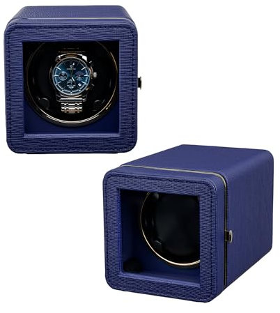Mcbazel Automatischer Uhrenbeweger mit LED-Beleuchtung – Elegante Uhrenbox aus PU-Leder für Uhr, Leiser Motor, 4 Rotationsmodi, Rechteckige Uhrenaufbewahrung – Blau