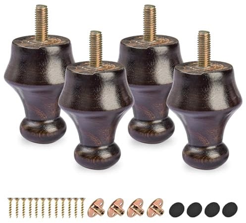 2.4 Inch / 6cm Solid Wood Furniture Legs,4Pcs Wooden Walnut Sofa Legs DIY Replacement Bun Feet With Threaded M8 Hanger Bolt& Mounting Plate& Screw Cabinet Couch Ottoman TV Stand Bed Chair