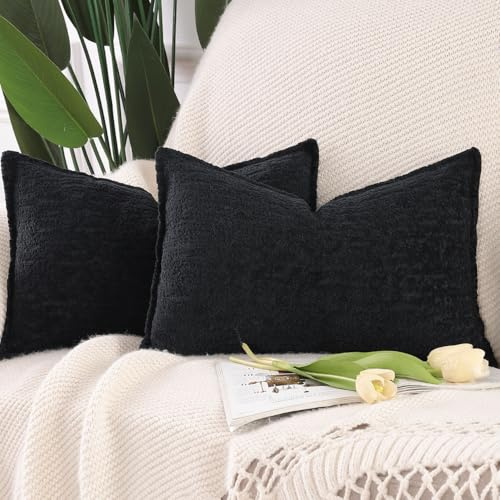 Madizz 2er Set Chenille Samt Kissenbezüge mit Rand Dekorativ Weiche neutrale Wurfkissen für Sofa Boho Akzent Zierkissenbezüge für Schlafzimmer Wohnzimmer Schwarz 40x80 cm