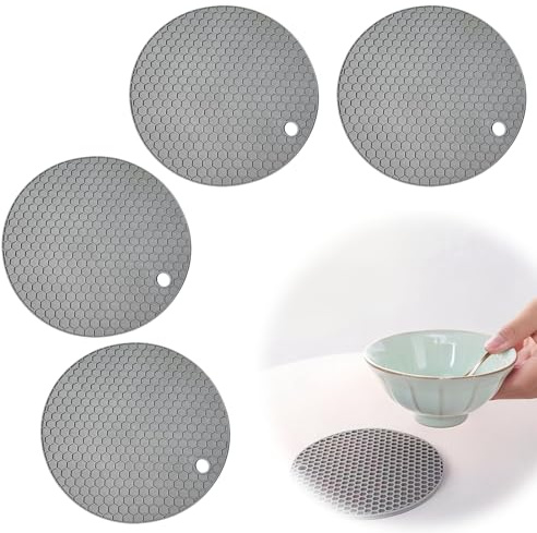 wilcractk Topfuntersetzer Silikon Hitzebeständig rutschfest Set 4 Stück Rund Grau 14x14cm Für Küche Esstisch Servierplatte Schüsseln Pfannen Teekannen Töpfe Outdoor Camping
