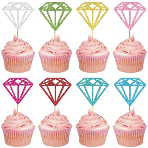 CREATCABIN 24 PCs Diamond Ring Cupcake Toppers Silver Glitter Diamond Wedding Ring Cupcake Picks for Marriage Engagement Anniversary Valentines Party Donut Cake Decorations Supplies 2.7x2.4 Inch
