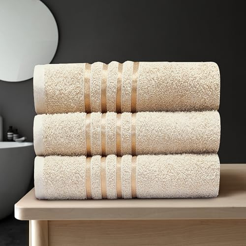 GC GAVENO CAVAILIA Stripe Towels Bath Sheets 3Pack | 90X150 Cm 550 GSM Bath Sheets Extra Large For Bathroom, Spa | Quick Dry & Highly Absorbent, Washable Cotton Towels Set XL Bath Sheet, Beige