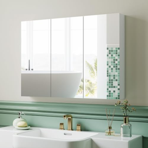 HOMCOM Armario de Baño con Espejo de Pared 3 Puertas 91,5x11,5x65cm Blanco | para Baño de Colgar, Estantes Regulables