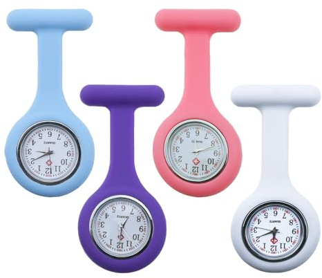 Lanstorm 4 Pcs Nurse Watch, Pocket Nurses Fob Watches with Pin | Portable Pocket Clock, Silicone Fob Watches for Medical Health Care, Doctors, Paramedic (White Pink Blue Purple)