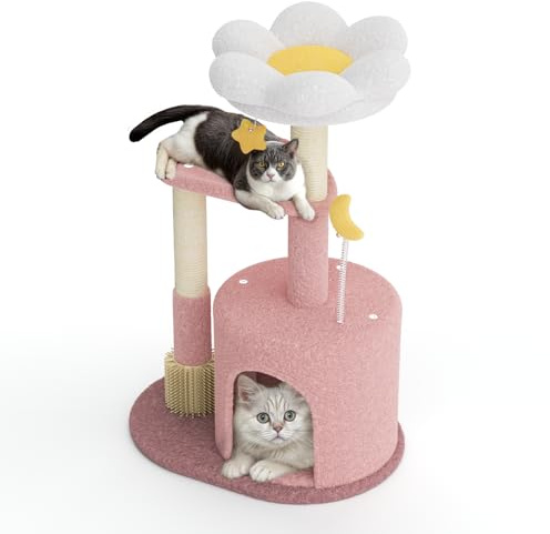 Generic 33 Flower Cat Tree for Indoor Cats, Compact Tower with Condo, Scratching Posts, Perch & Dangling Toys Kittens Small Cute Furniture Stand, Pink