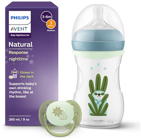 Philips Avent Natural Response Set für die Nacht – 260 ml Babyflasche mit mittlerer Durchflussrate (Mittel 3), im Dunklen leuchtender Ring, ultra soft Schnuller, Motiv müdes Faultier, SCD838/17