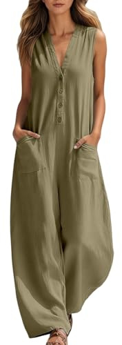 Salopette Larghe da Donna Senza Maniche Scollo a V Elegante Tuta Lunghi Tutina Jumpsuit Gamba Allentata con Tasche Tuta da Donna in Cotone e Lino Pantaloni Lunghi con Bottoni ideale per l'estate