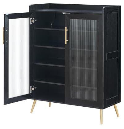 Lidzopas Zapatero con puerta de cristal estriado – 5 estantes ajustables para ahorrar espacio y de pie, diseño moderno para pasillo, salón o dormitorio, color negro efecto madera