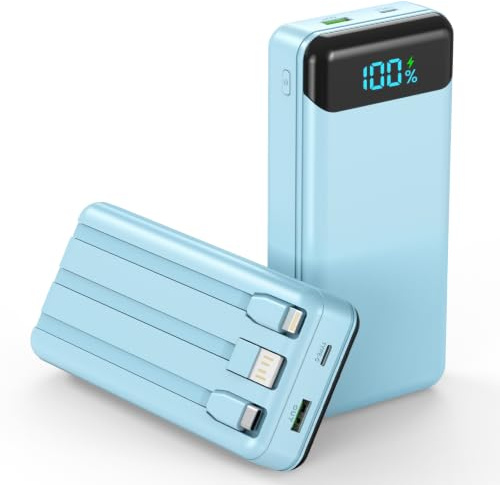 Enerwow Batterie Externe 27000mAh 22.5W Powerbank USB C Câble Charge Rapide | 4 sorties & 3 entrées, 3 câbles intégrés (USB-C/iPhone/USB-A), Affichage LED, Compatible iPhone 17-12 Samsung etc(Bleu)