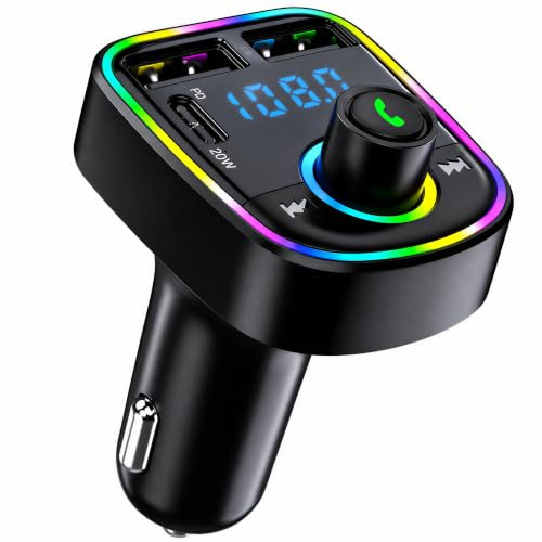 Bluetooth FM Transmitter Car Charger with RGB Light, LED Display, Hands-Free Calling, 3-Port USB, MP3 Player
