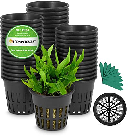 GROWNEER Net Cup Pot, 50 Pcs 3 Inch Garden Slotted Mesh Net Cups, Heavy Duty Hydroponic Cups Mesh Pots with 50Pcs Plant Labels, Planting Pots Grow Basket for Indoor or Outdoor Growing