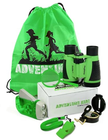 Adventure Kidz Outdoor Exploration Kit, Children’s Binoculars, Flashlight, Compass, Fox Whistle, Magnifying Glass, Backpack. Great Gift Set for Educational, Pretend Play, Ages 3+ Boys Girls (Lime)
