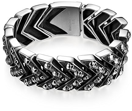 Cupimatch Totenkopf Armband Herren Skull Schädel Fischgrätkette Gotik Punk Rock Edelstahl 2.5cm Breit Retro Handgelenk Schmuck 21.5cm Armreif, Silber