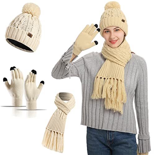 Meajore MüTze Schal Handschuhe Damen Set 3 in 1 Winter Warm Beanie Touchscreen Handschuh Und Lang Schal StrickmüTze Set