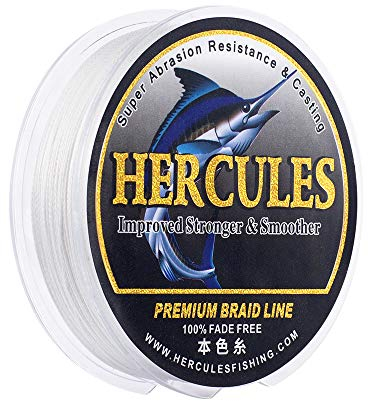 HERCULES Farbechte Geflochtene Angelschnur, 100m PE Geflochtene Schnüre, 4 Stränge Multifile Angelschnur, 15lb Test für Salzwasser und Süßwasser, Weiß, 15lb, 100m