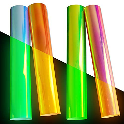 Holographic Glow in The Dark Heat Transfer Iron on Vinyl - 4 Pack 12 x 10 Luminous Chameleon HTV Vinyl Bundle Sheets for T-Shirts (4 Colors)