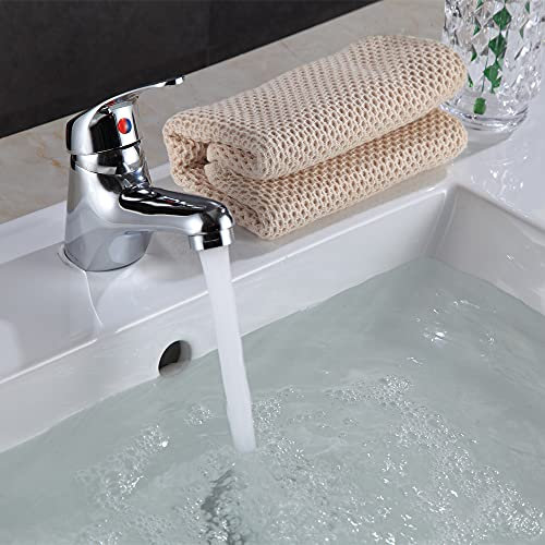Modern Bathroom Taps Single Lever Mono Basin Mixer Tap with Pop Up Waste, Chrome Cloakroom Tap Solid Brass Hot and Cold Mixer Taps Bathroom Faucet, 10 Year Guarantee