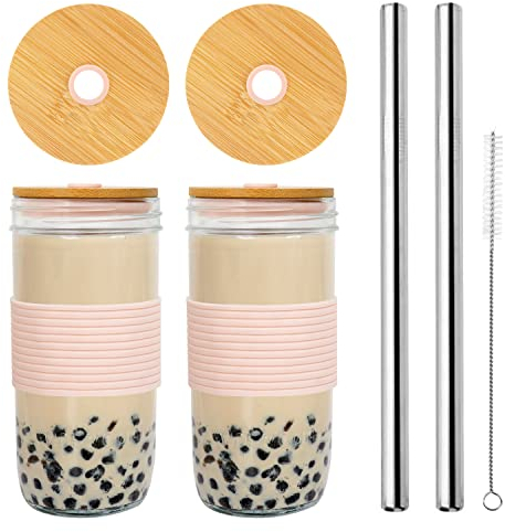 ANOTION Mason Jar with Lid and Straw, 24oz Wide Mouth Mason Jar Drinking Glasses Tumbler with Bamboo Lid and Silicone Sleeve, Reusable Boba Cups Travel Bottle for Iced Coffee Large Pearl Juice, Pink