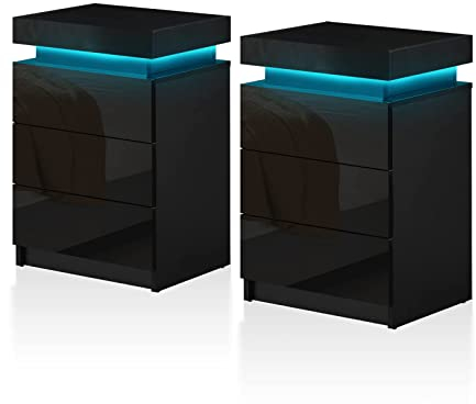 TUKAILAi Bedside Table Set of 2, LED Bedside Table with 3 Drawers and Top Storage, Black High Gloss Front Nightstand Cabinet for Bedroom Living Room