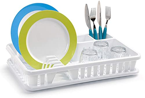 AC - Escurridor de Platos, Drena al Fregadero, Fabricado en Plástico, Bandeja para el Agua, Ideal para la organización y Limpieza, 9 x 48 x 38 cm Colores Blanco