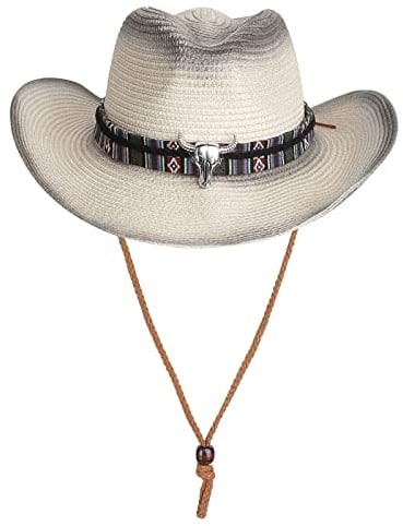 Unisex Straw Cowboy Hat with Chin Strap Men Women Retro Western Cowboy Riding Hat with Bull Head Wide Brim Summer Beach Travel Sun Hat Cap Shapeable Foldable Straw Fedora Hat 56-58CM (Beige+Black)