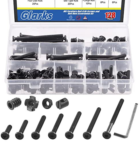 Glarks 128 PCS m6x20 / 30/40 / 50/60 / 70 / 80mm lit bébé poussette vis boulon intérieur hexagonal cylindrique serre - tête vis avec écrou à barillet, écrou d'insertion fileté