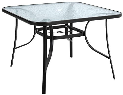 DKIEI 105cm Square Outdoor Dining Table Glass Top Garden Table with Parasol Hole Steel Frame Bistro Coffee End Side Table Black