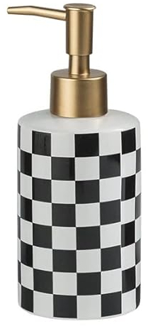 Checkered Ceramic Soap Dispenser with Rust Proof Gold Matte Pump Decorative Soap Dispenser for Bathroom or Kitchen (Black & White)