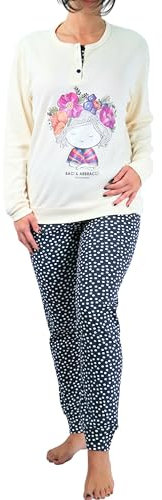 Baci & Abbracci Pigiama Donna Cotone Lungo Invernale Caldo 100% Due Pezzi Maniche Lunghe