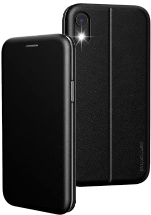 BYONDCASE iPhone XR Hülle Schwarz, iPhone XR Flip-Case Deluxe Leder Klapphülle Fullbody 360 Grad Rundumschutz Ultra Slim