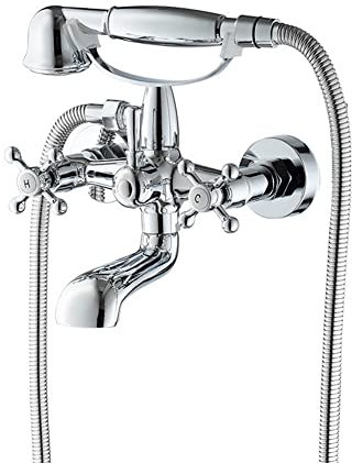 Badewannenarmatur Wannenarmatur Mit Handbrause Retro Antik Stil Messing Wandmontage Zwei Griffe Wannenbatterie, Duscharmatur, Chrom
