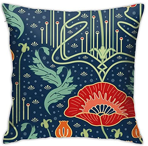 Kissenbezug, Jugendstil, Mohnblumen-Design, moderner Kissenbezug, quadratisch, Dekoration für Sofa, Bett, Chai, 45 cm x 45 cm