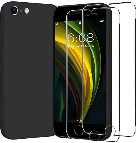 For iPhone SE 2020 2022 Case with 2 x Tempered Glass Screen Protector,iPhone SE 5G (3rd Generation) Liquid Silicone Phone Case,iPhone 7 8 Shockproof Cover,Silky-Soft Touch Full-Body Case,4.7”,Black